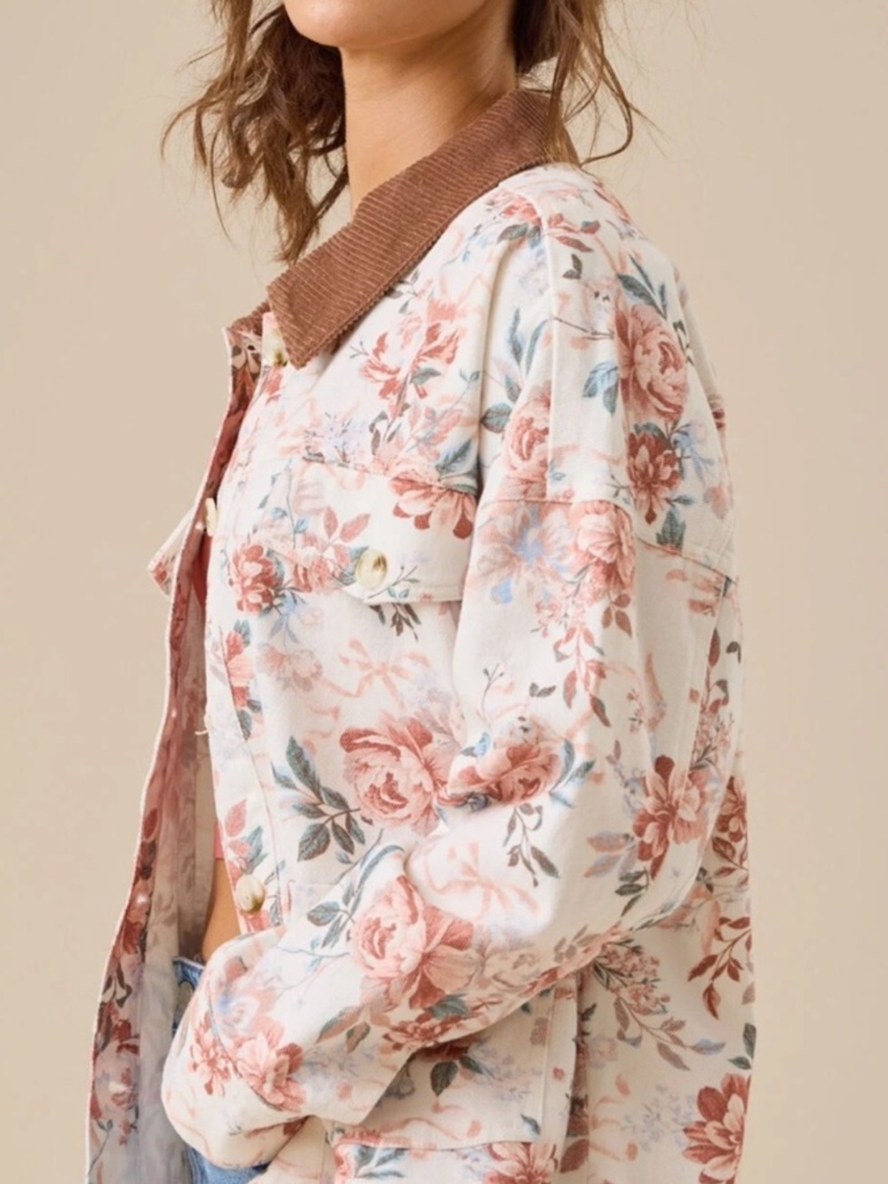 Floral Corduroy-Collar Jacket - Pink Floral - Picture 2 of 4